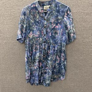 Go Fish Top Womens Small Batik Hand Dyed Artisan Watercolor Front Button S